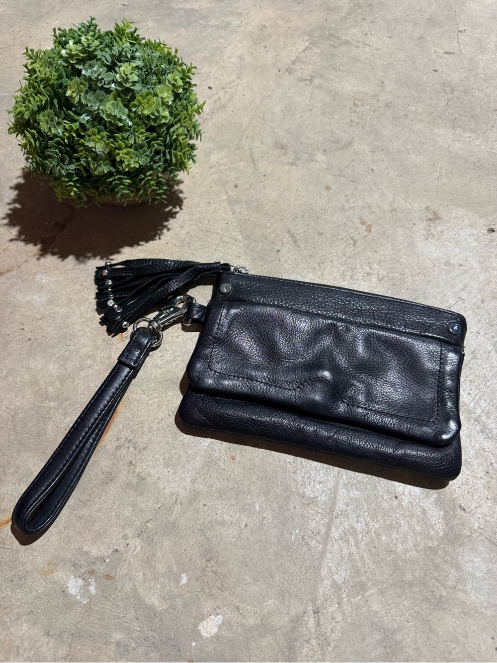 Day & Mood Anthropologie Black Leather Clutch Wristlet Wallet Neutral Tassel
